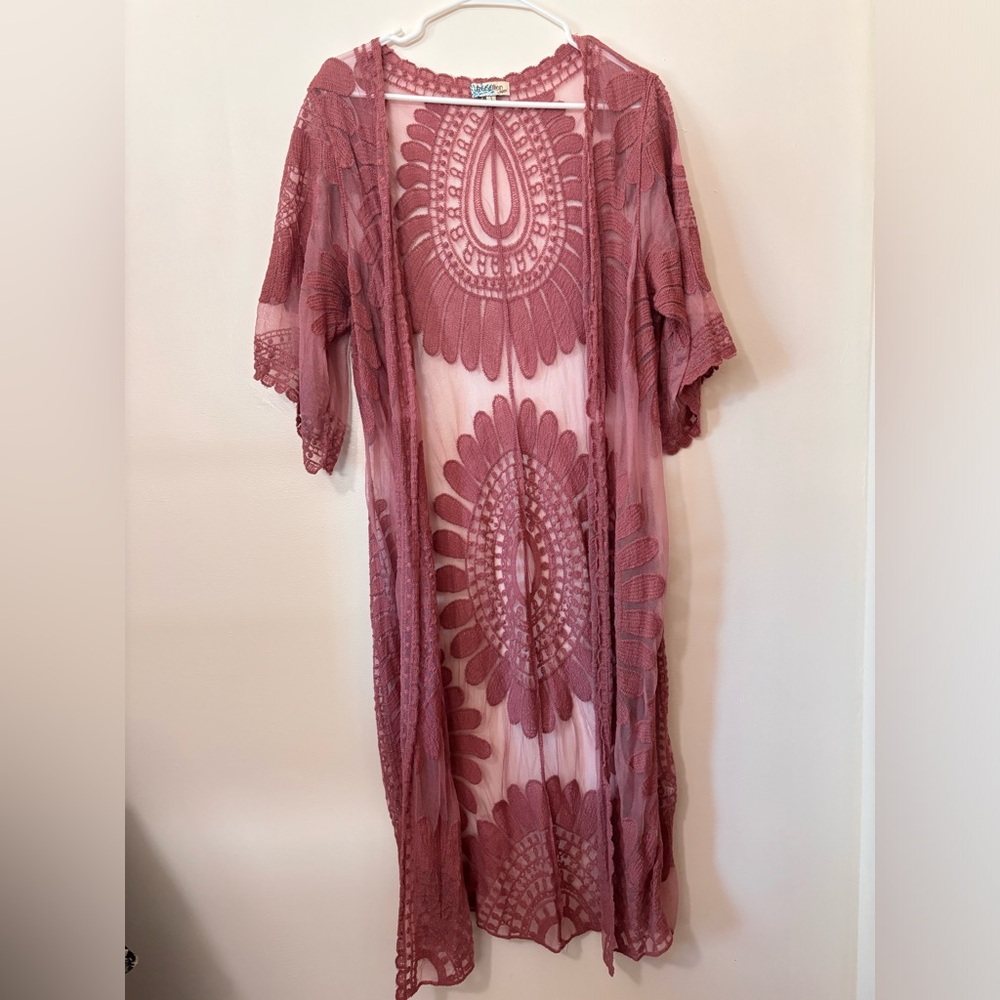 REBELLION AGAIN sheer lace boho kimono cardigan in dusk pink and size Large.